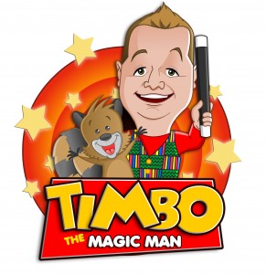 Timbo the magic man logo with a cartoon version of Tim holding a magic wand on a circular orange background with stars around it